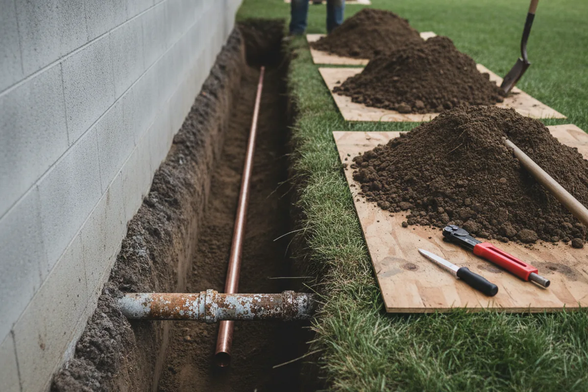 Excavated water line trench during Sewer Line Repair in Saint Clair